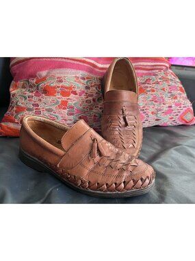 VTG Aztec Leather Tassel Loafers Kiltie Fringe Shoes Preppy Dark Academia 8